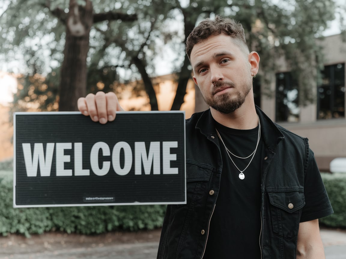 A man standing outside holding a 'Welcome' sign, dressed in black, with trees and a building in the background