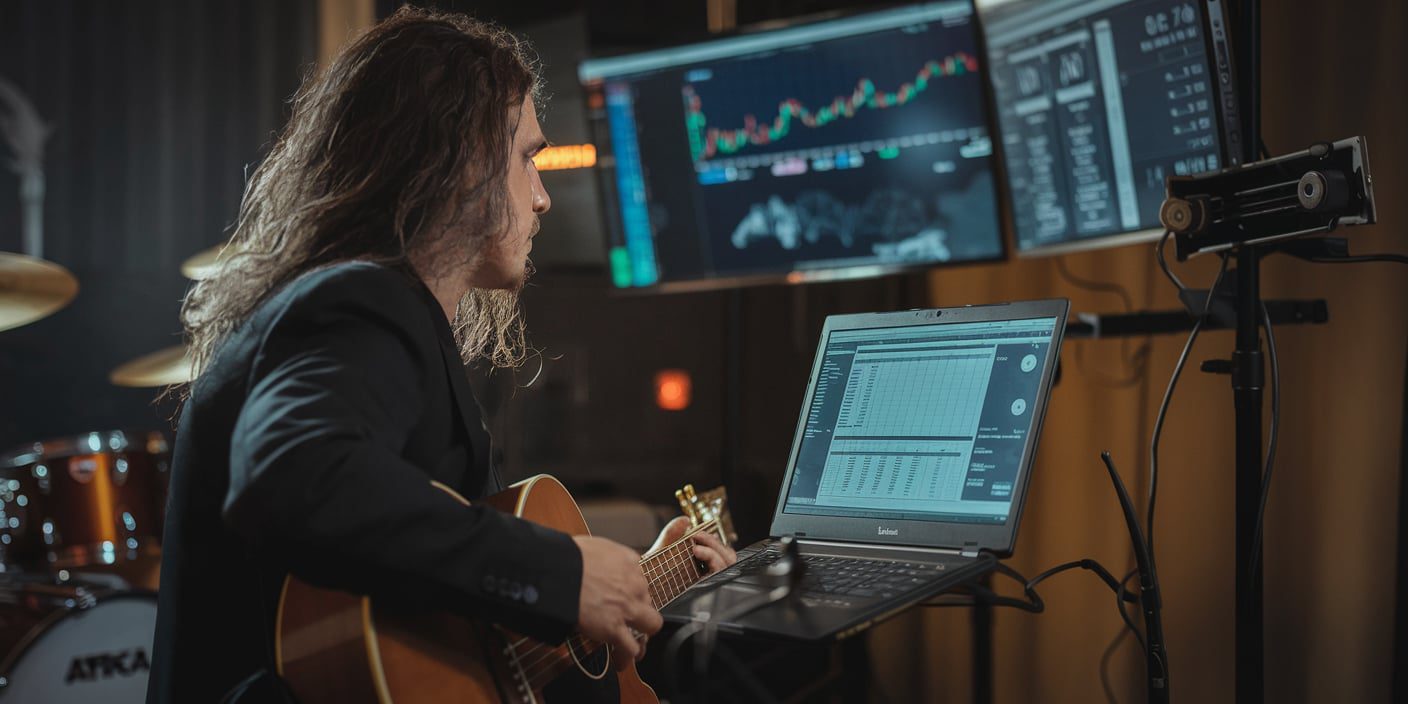 A long-haired musician sitting with a guitar in a studio, analyzing data displayed on multiple monitors while using a laptop.
