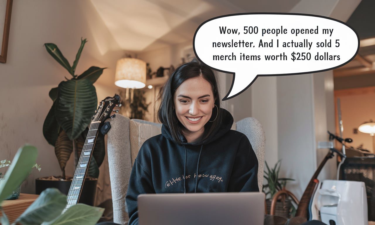 Female artist sitting in her living room, smiling at her laptop after seeing her newsletter engagement and sales. The speech bubble says, 'Wow, 500 people opened my newsletter. And I actually sold 5 merch items worth $250 dollars.'