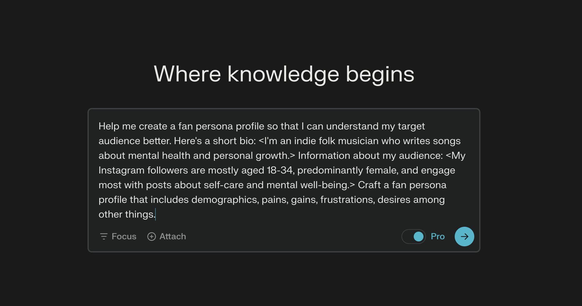A prompt on a black background asking to create a fan persona profile for an indie folk musician, detailing demographics, pains, gains, frustrations, and desires of the artist's audience.