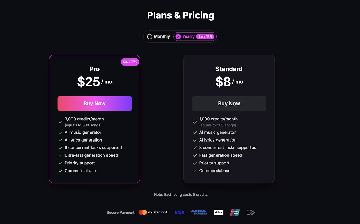 Tad AI music generator pricing options displayed for Pro and Standard plans. The Pro plan is $25/month, and the Standard plan is $8/month, with yearly subscription savings of 17%.