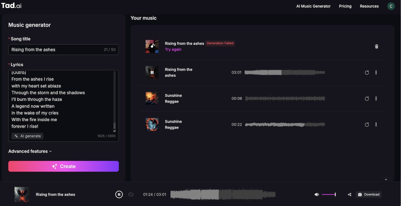 Tad AI music generation interface with lyrics entered for the song 'Rising from the Ashes.' The song's status shows 'Generation Failed,' with other tracks such as 'Sunshine' available for listening.