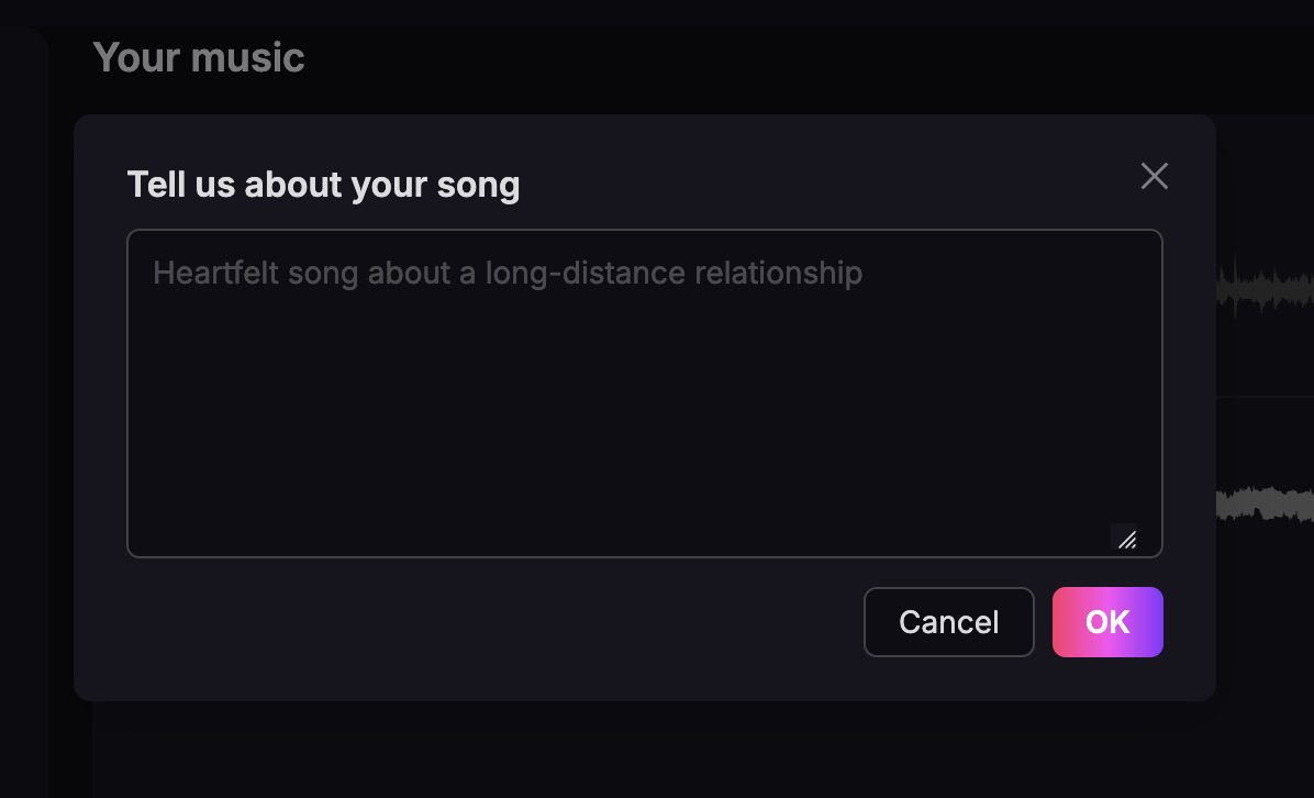 A dialog box from Tad AI asking users to describe their song. The user has written 'Heartfelt song about a long-distance relationship' before confirming with an 'OK' button.