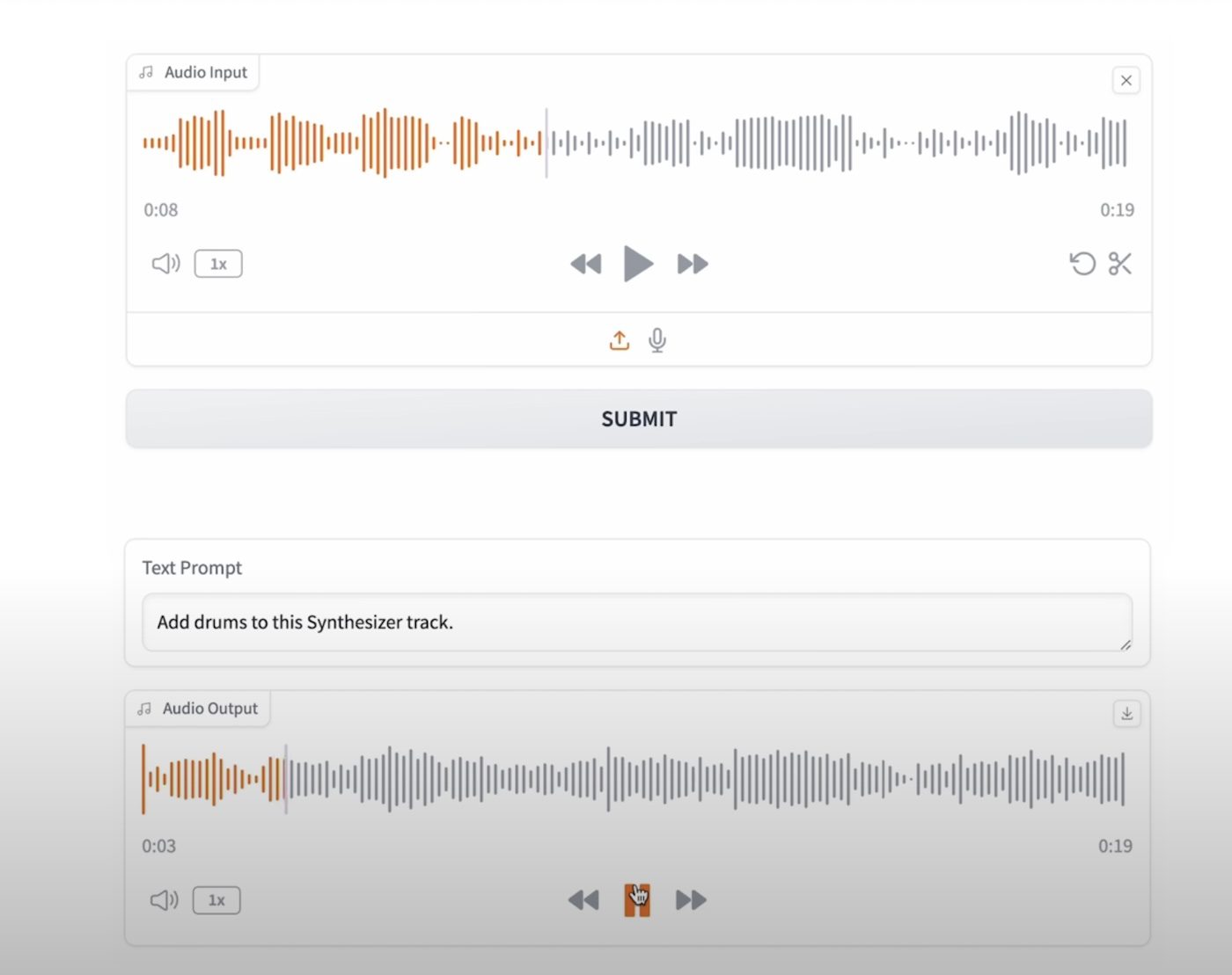 Testing Song Ideas: Interface for modifying synthesizer audio with added drum beats using a text prompt.