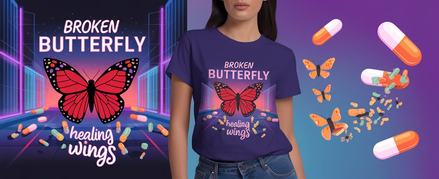 Illustration of a red butterfly with pills and glowing city streets, showcased on a T-shirt design reading 'Broken Butterfly - Healing Wings.' Created with AI tool Ideogram