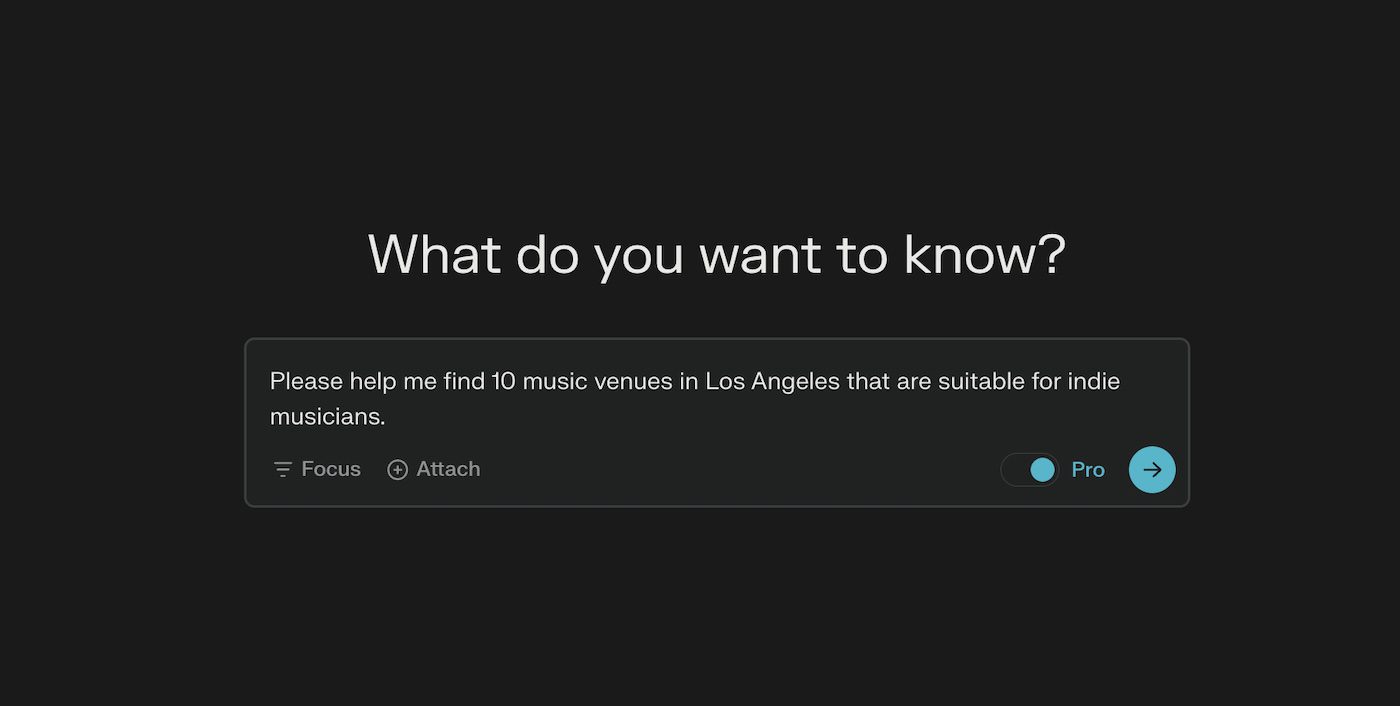 A minimalist query interface reading 'What do you want to know?' with a request for finding indie music venues in Los Angeles.