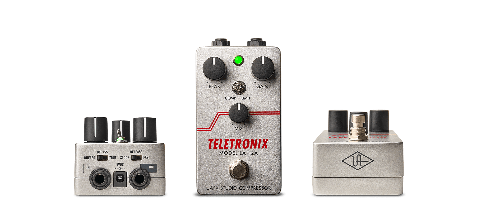 Three Teletronix LA-2A studio compressor hardware units in front, side, and back views on a white background