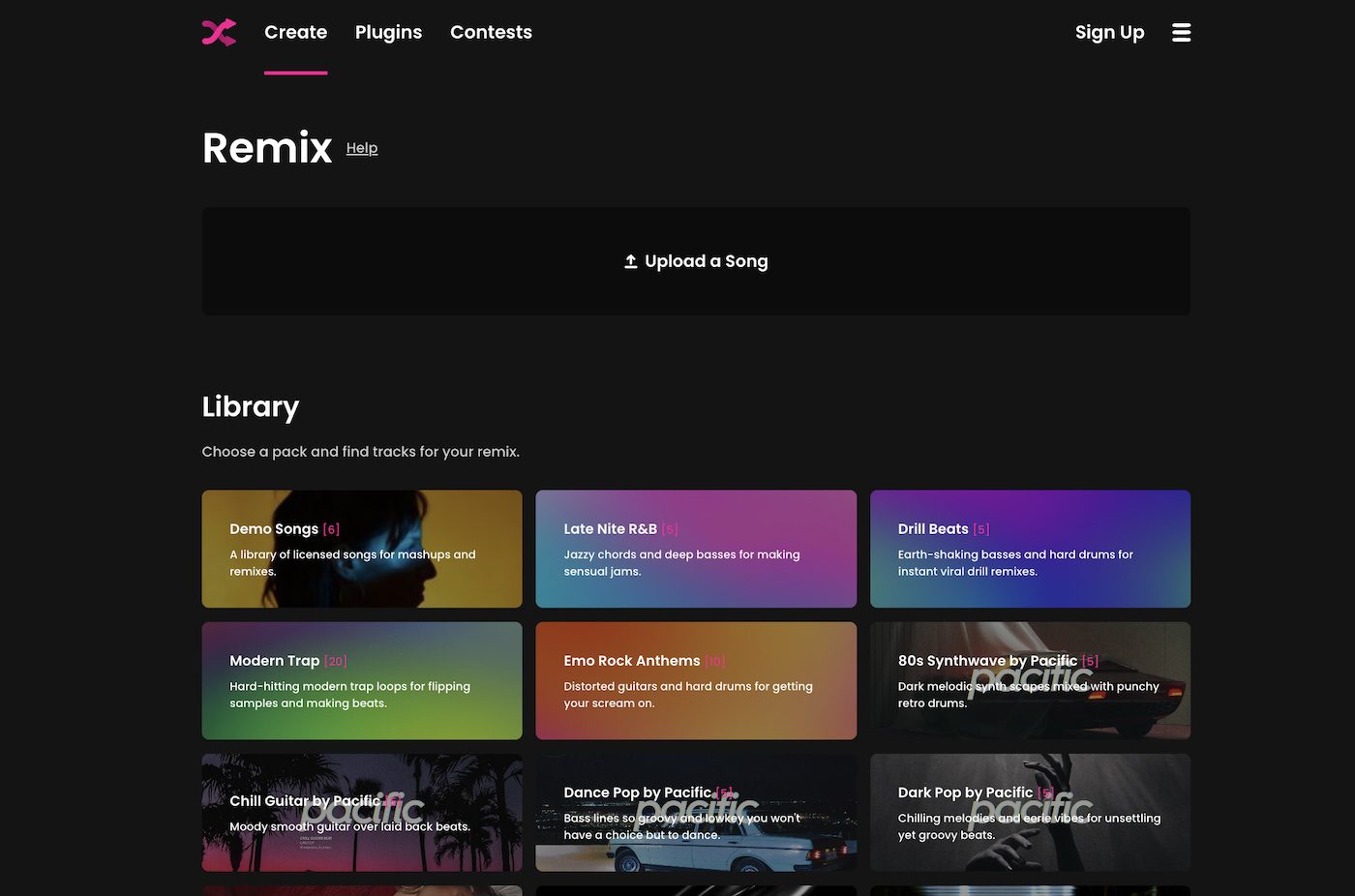 Screenshot of the Fadr Remix tool interface featuring a dark theme with a library of music packs for remixing, including genres like R&B, Trap, Synthwave, and more. The interface shows an option to upload a song and explore pre-licensed demo tracks.