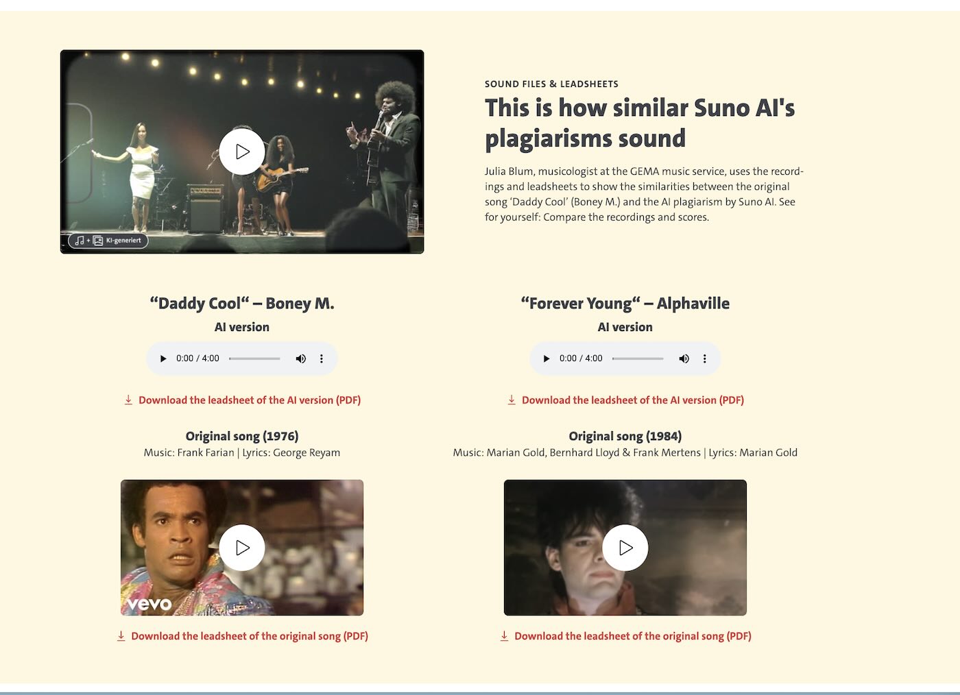 GEMA webpage showing music plagiarism examples by Suno AI compared to original songs, including 'Daddy Cool' by Boney M. and 'Forever Young' by Alphaville, with playable audio clips and downloadable lead sheets.