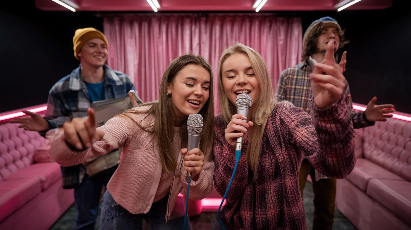 Friends singing karaoke in a pink-lit room, two women holding microphones and smiling, enjoying the moment.