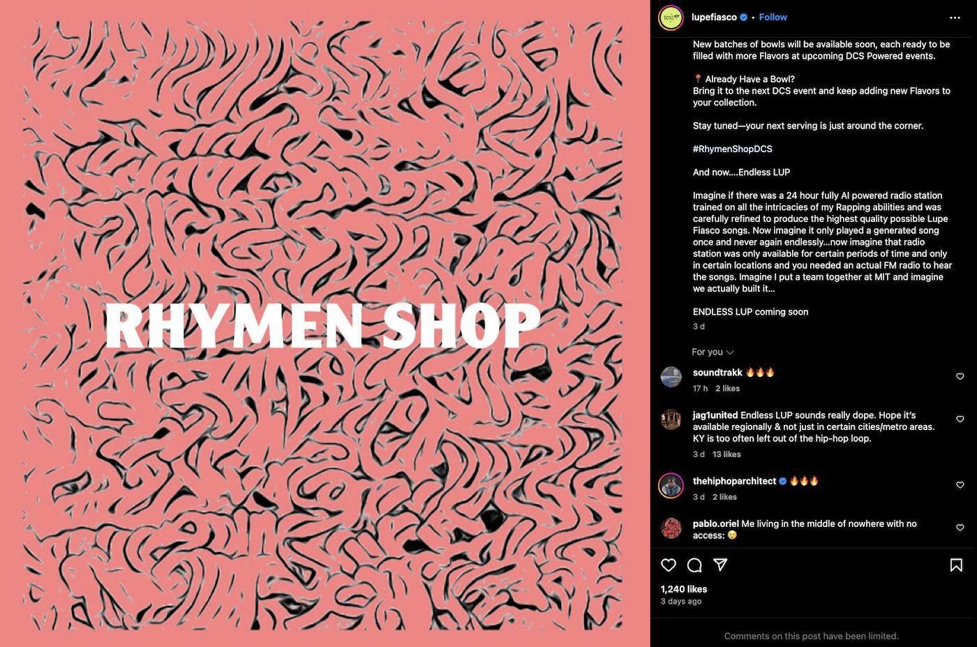 An Instagram post featuring abstract black squiggly patterns on a pink background with bold white text reading "RHYMEN SHOP." The caption discusses a new AI-powered radio station concept by Lupe Fiasco and includes hashtags and references to upcoming events.