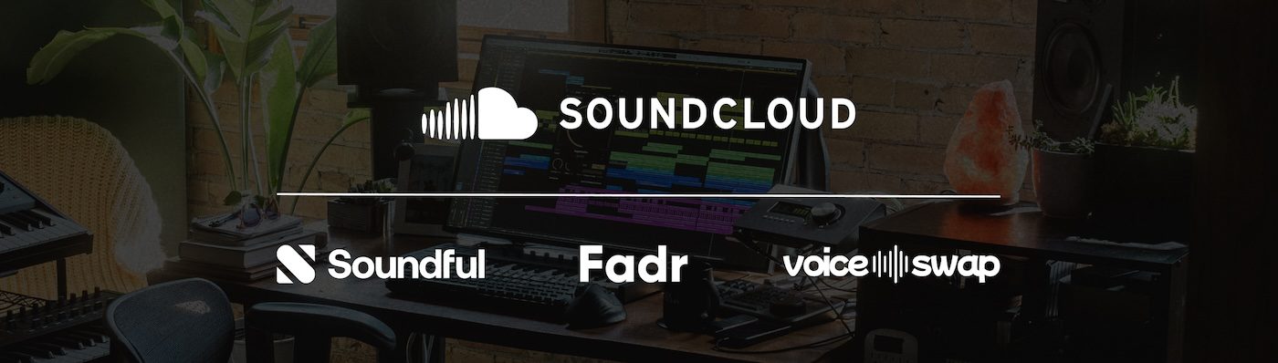 A partnership banner displaying the SoundCloud logo alongside logos for Soundful, Fadr, and VoiceSwap. The background features a music studio with a computer screen showing audio editing software and a cozy interior.