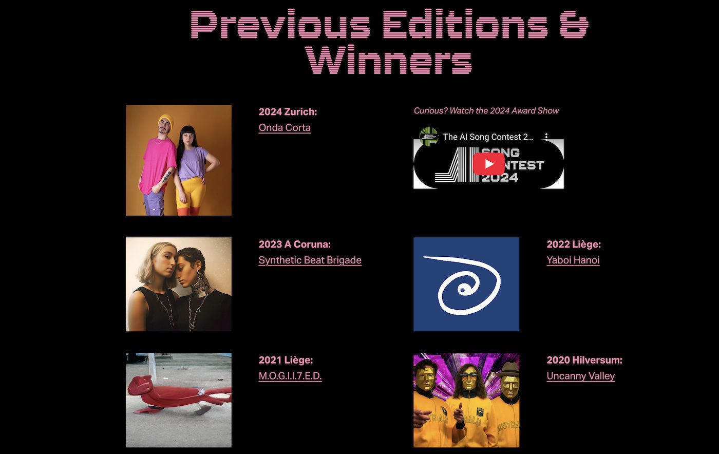 Grid of AI Song Contest winners from 2020 to 2024 with group photos and logos.