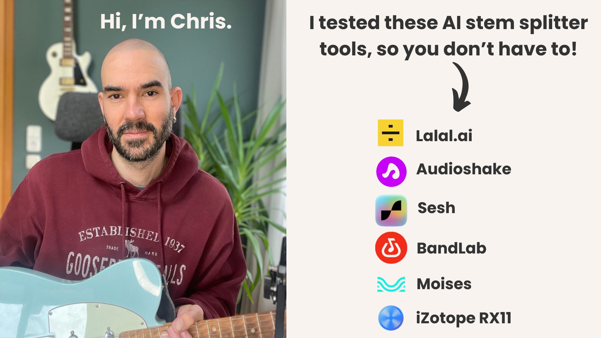 Christopher Wieduwilt holding guitar introduces AI stem splitter tools including Lalal.ai, Audioshake, and others