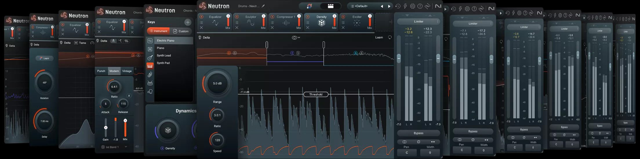 Neutron 5 plugin suite showing equalizers, compressors, and limiter modules.