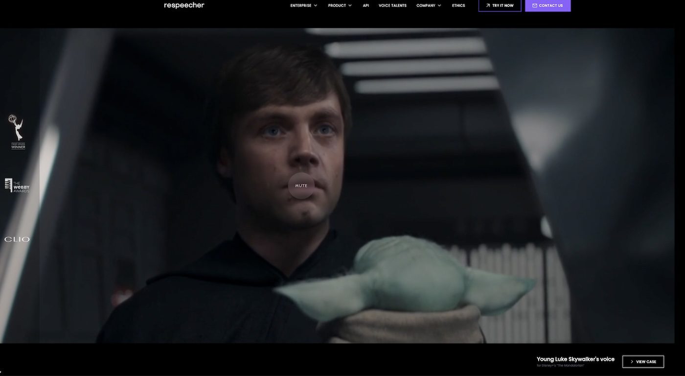 Respeecher website showing young Luke Skywalker holding Baby Yoda from The Mandalorian