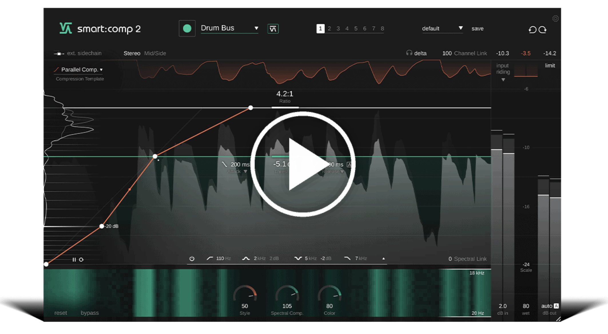 smart:comp 2 plugin UI with dynamic compression curve and visual waveform.