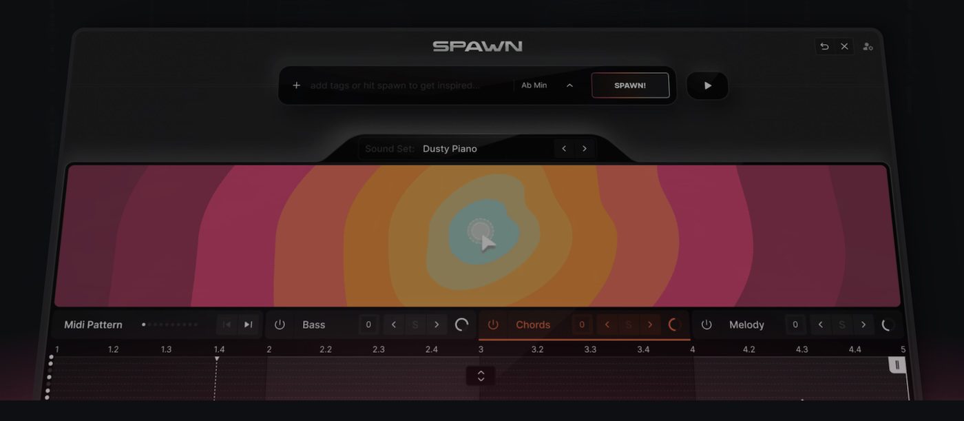 SPAWN plugin interface with colorful waveform and MIDI pattern editor.