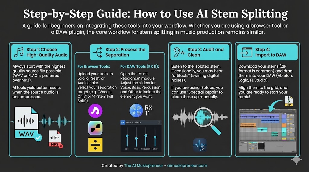 Infographic guide: How to use AI stem splitting with Lalal.ai, Sesh, Audioshake & RX 11. Steps cover audio selection, separation, cleaning, and DAW import.