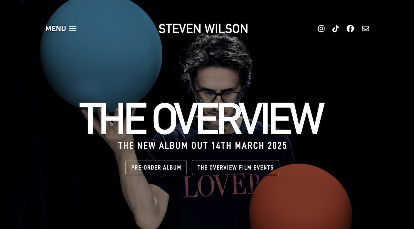 Steven Wilson Album Website – Steven Wilson’s "The Overview" album promo with bold text and colored spheres.