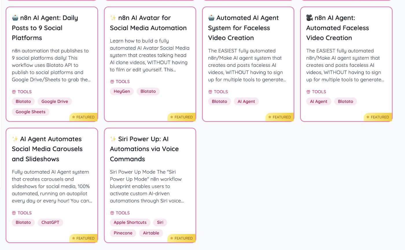 AI Social Media Agents: Grid of AI automation cards for social media with tools and featured tags.