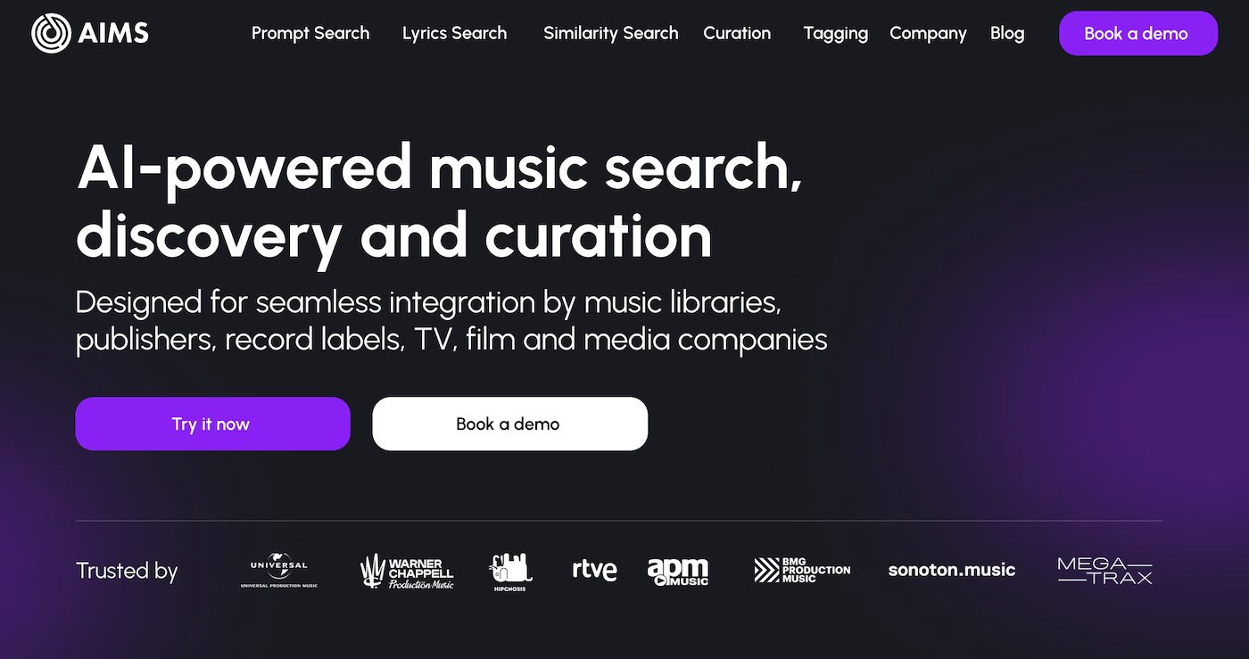 AIMS website hero with headline 'AI-powered music search, discovery and curation' and trust badges for Universal, Warner Chappell, Hipgnosis, RTVE, APM, BMG, Sonoton, and Megatrax