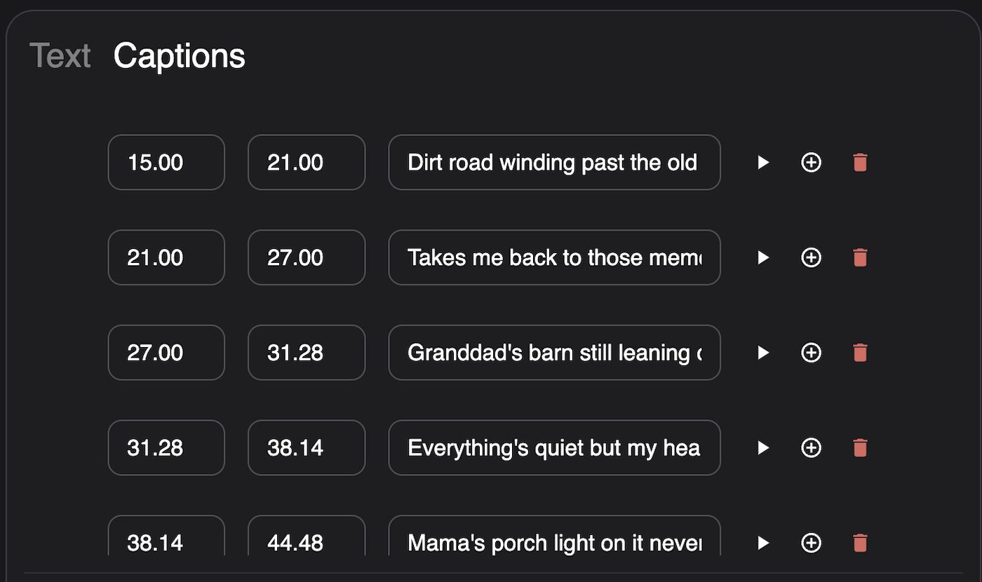 Caption editor of Neuralframes lists lyrics like “Granddad’s barn still leaning” with timecodes and controls.