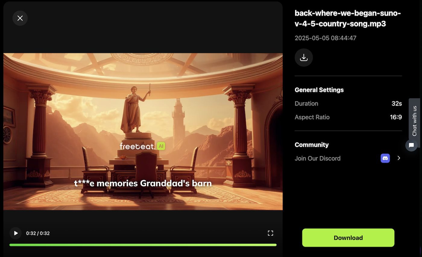 Lyric video UI shows a statue in a golden-lit room with text: “t***e memories Granddad’s barn.”