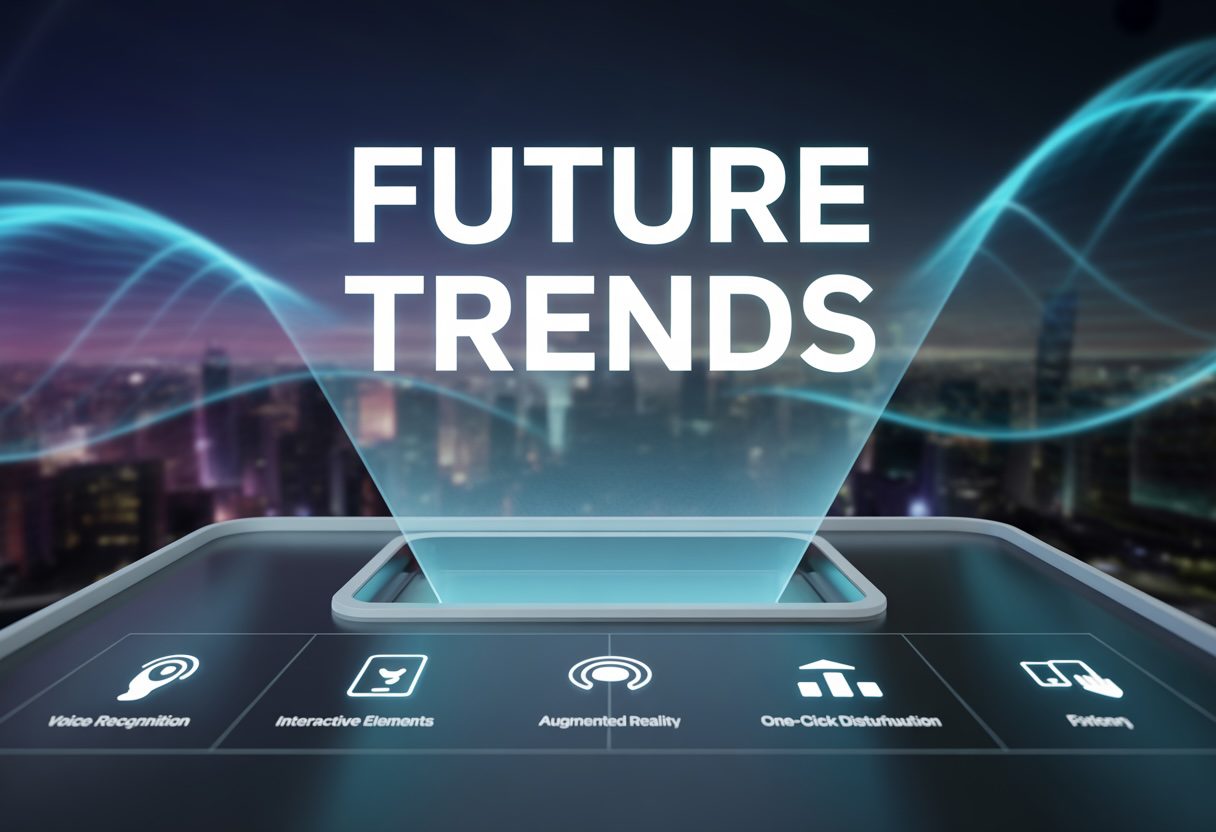 Futuristic display shows "Future Trends" and icons like Voice Recognition, AR, and One-Click.