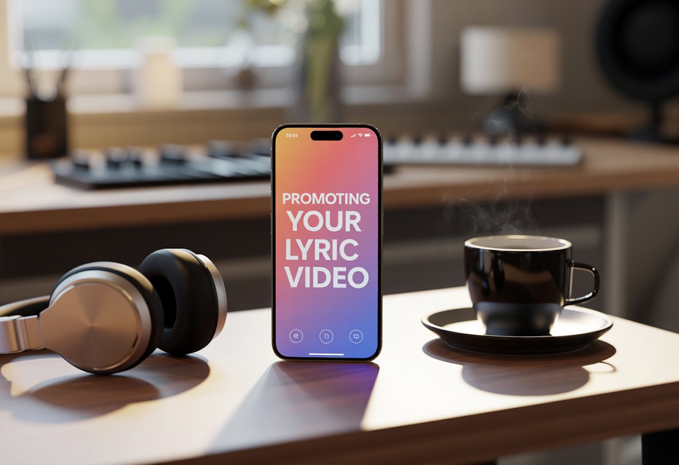 Phone screen reads “Promoting Your Lyric Video” on desk with headphones and coffee.