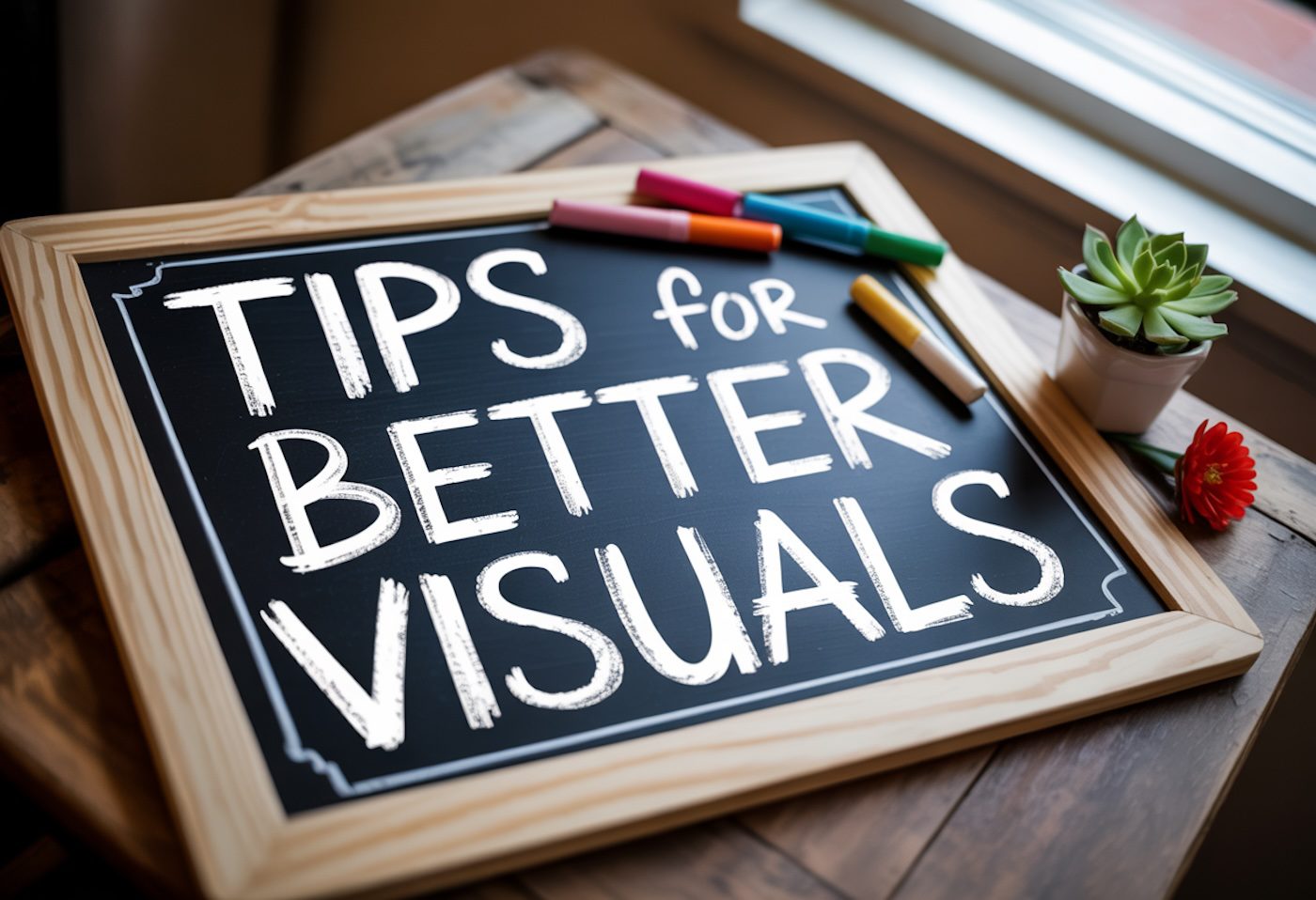 Chalkboard sign reads “Tips for Better Visuals” with markers and a potted succulent nearby.