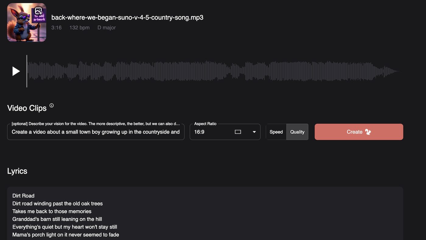 Upload screen for lyric video maker with options and a sample video of a kitten on the right.