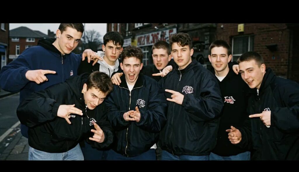 Group of young men posing together on a street, wearing matching navy jackets, smiling and making hand gestures at the camera.