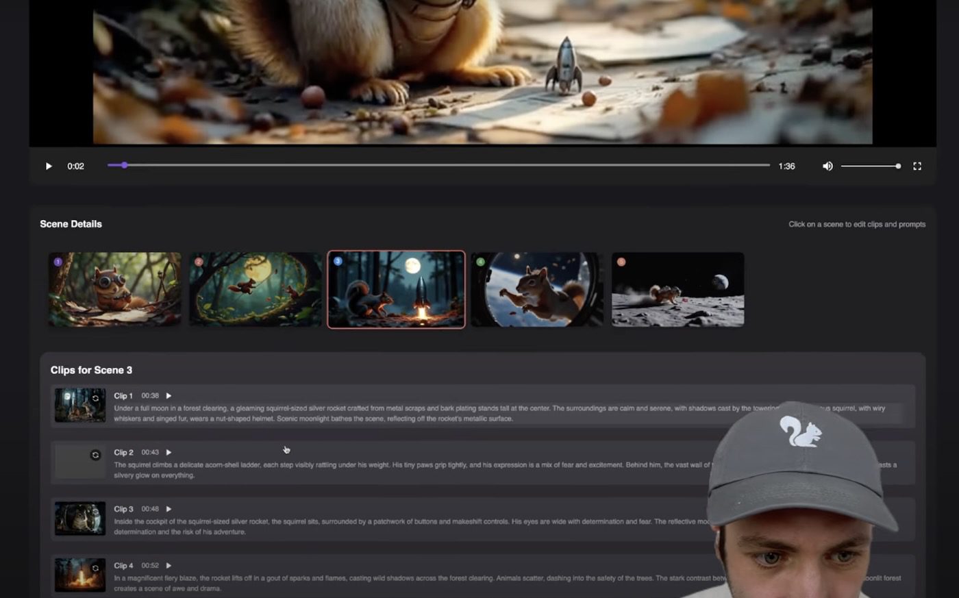 Adapt AI video clips: The storyboard editor in Neural Frames shows squirrel-themed scenes and clip descriptions for an animated forest rocket adventure.