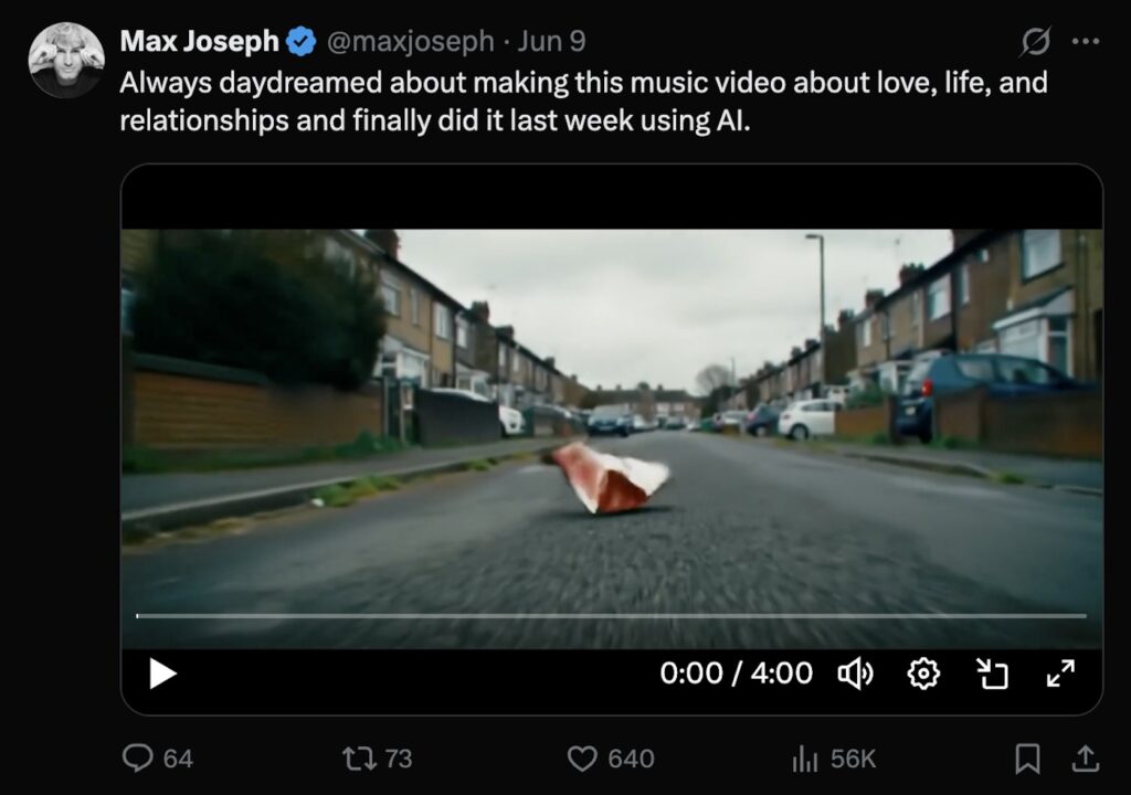 Max Joseph tweet: AI-made music video still, crumpled food wrapper on an empty street lined with houses and parked cars.