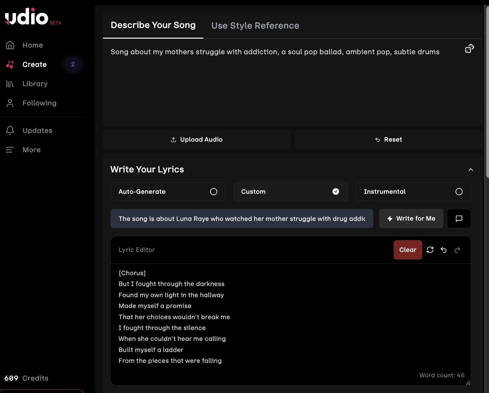 Udio's song creation screen showing a user writing a song about their mother's struggle with addiction, with a custom soul pop ballad style. The lyrics editor displays a chorus with lines about resilience and finding light in darkness.