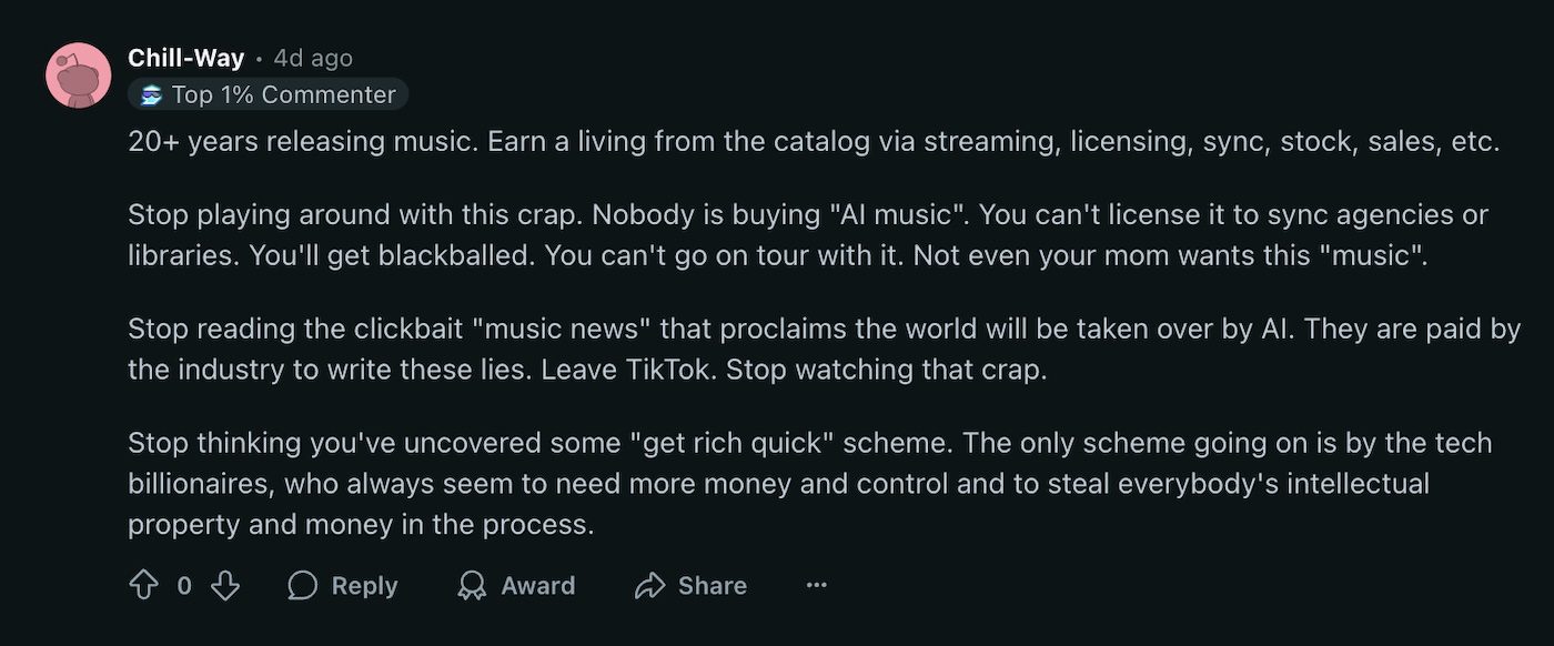 Reddit comment by user Chill-Way, a Top 1% Commenter, arguing that AI music cannot be licensed to sync agencies and warning against tech billionaires