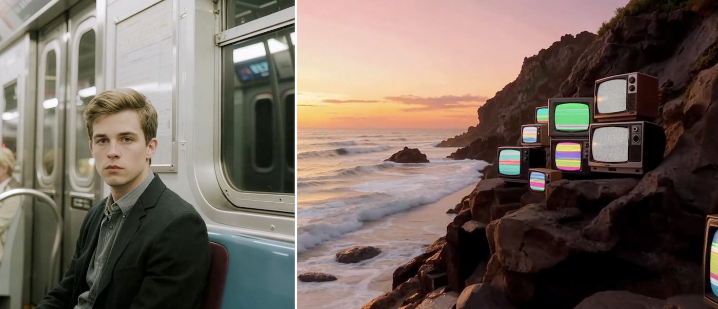 Seedance 1.0 AI video generator: on the left, a young man in a blazer sits in a subway car with a neutral expression; on the right, a rocky beach at sunset is lined with vintage TVs showing colorful static and glitch screens.