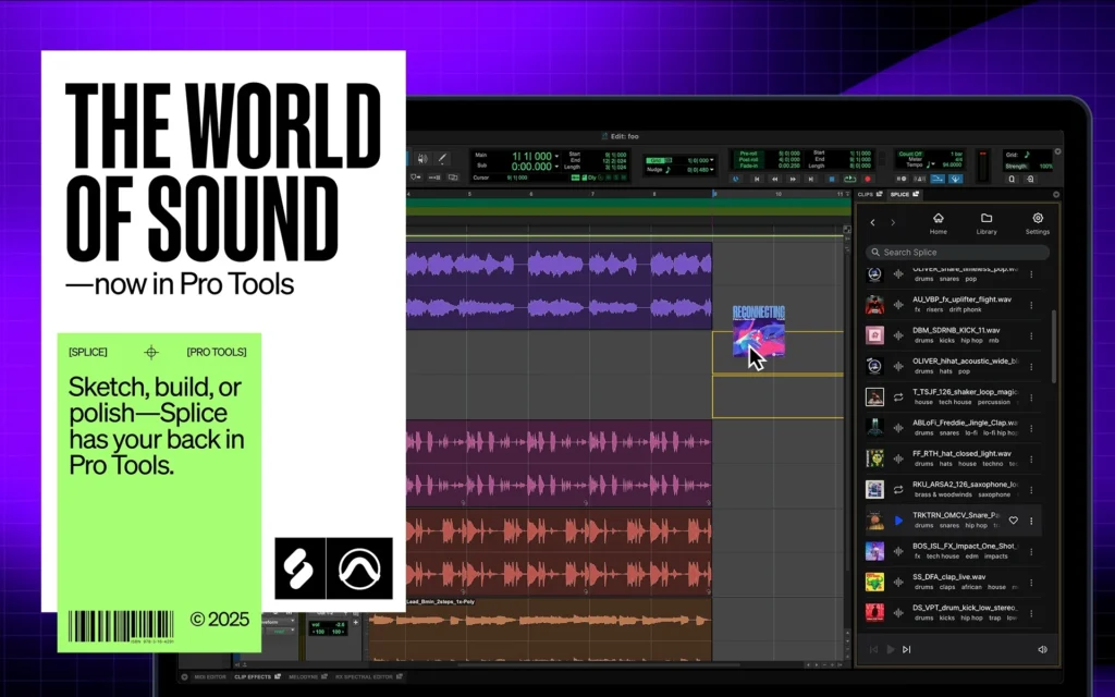 Splice in Pro Tools: “THE WORLD OF SOUND—now in Pro Tools.” Music editing software and sample library interface shown.