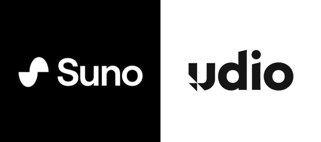 Suno and Udio Logos: Suno and Udio logos side by side in black and white backgrounds.