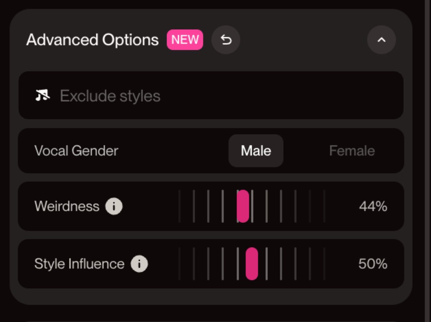 Advanced Options in Suno interface showing vocal settings with sliders for Weirdness and Style Influence.