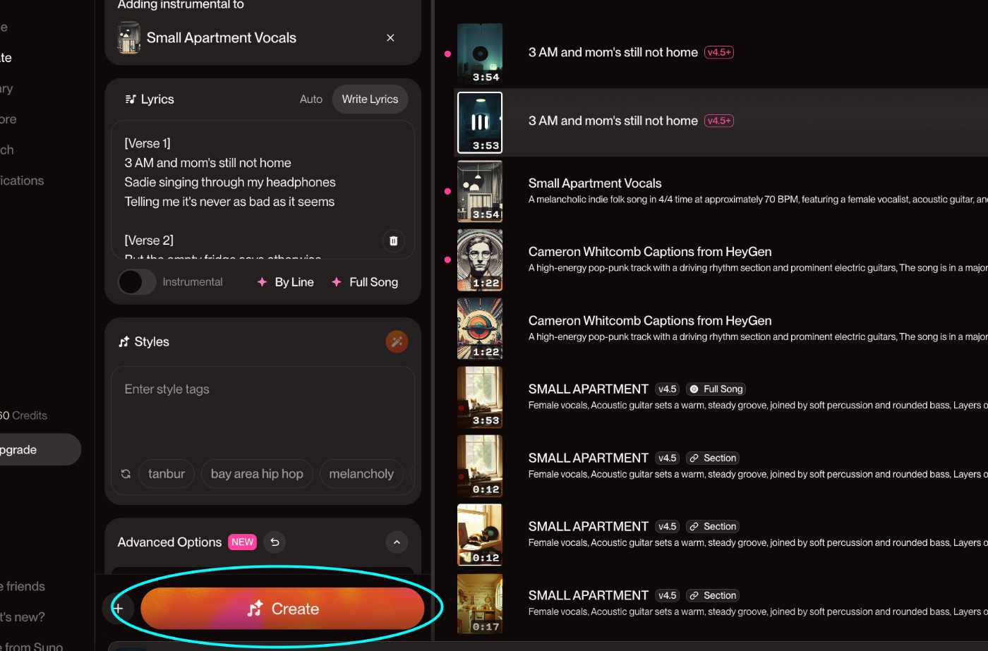 Suno interface for creating music, featuring "Small Apartment Vocals" and options for lyrics and styles.