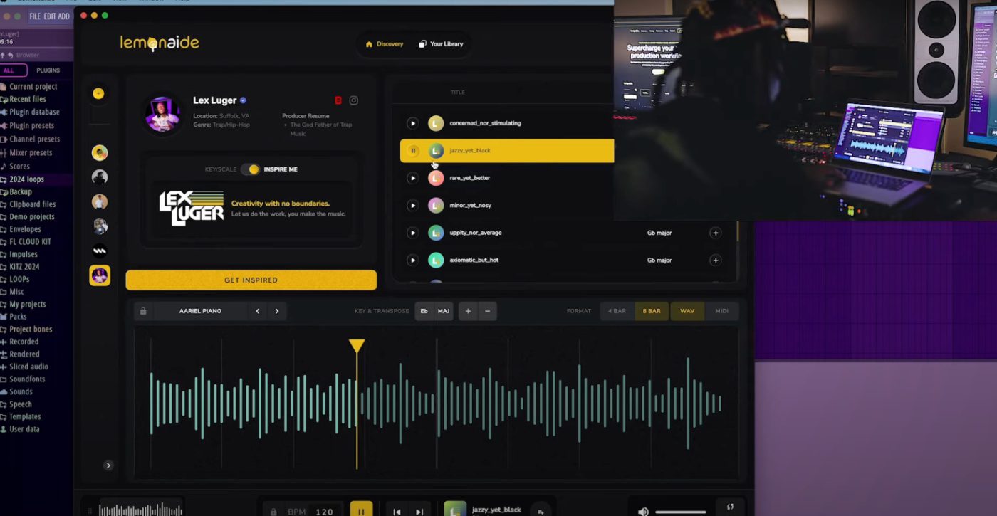 Lex Luger model interface on Lemonaide, showcasing audio editing features and waveform visualization.