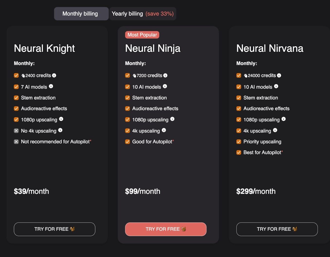 Neural Frames monthly pricing plans from Navigator to Nirvana with features.