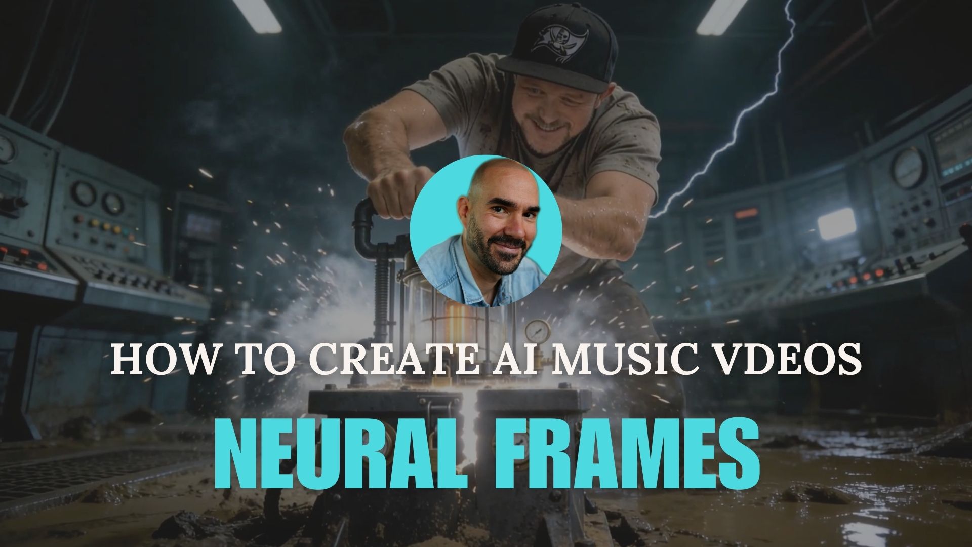 Neural Frames AI music video generator beginners guide tutorial with dramatic scene background.