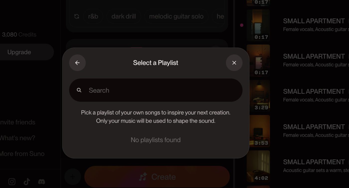 Select a playlist in Suno interface for music creation, featuring options for personalized song inspiration.