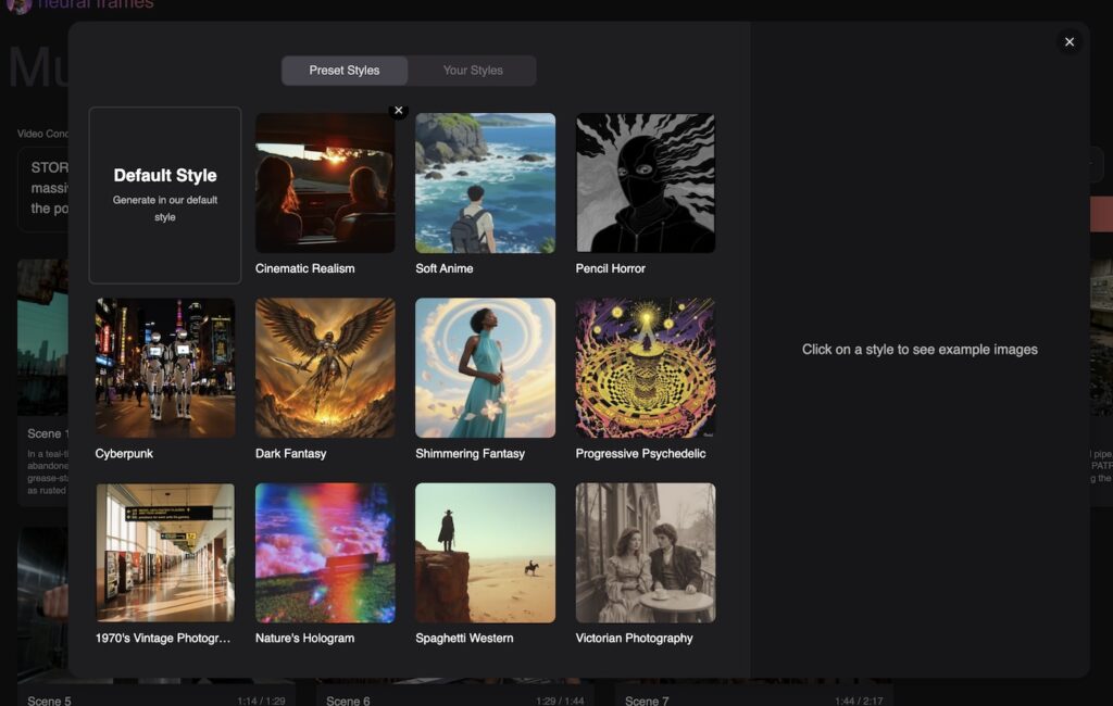 Neural Frames style selection showing 12 preset video styles with preview examples