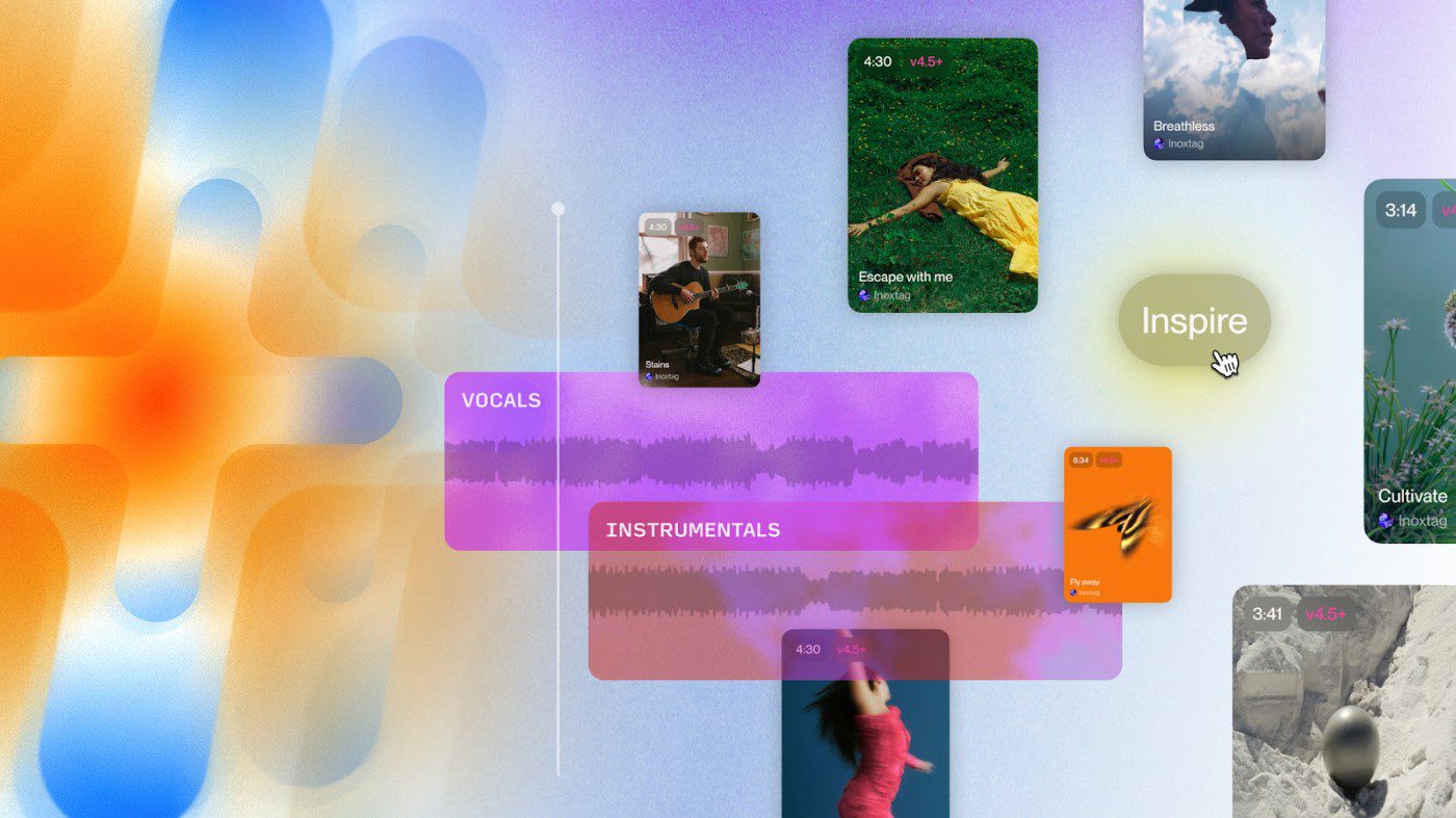Suno v4.5+ graphic showcasing vocal and instrumental tracks with inspiring visual elements.
