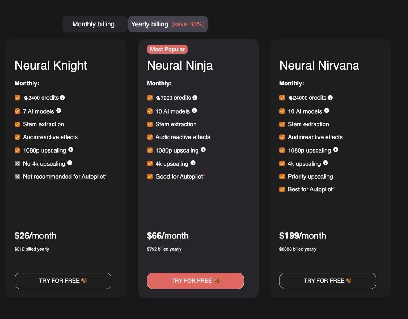 Neural Frames yearly billing pricing with 33% savings across all plans.