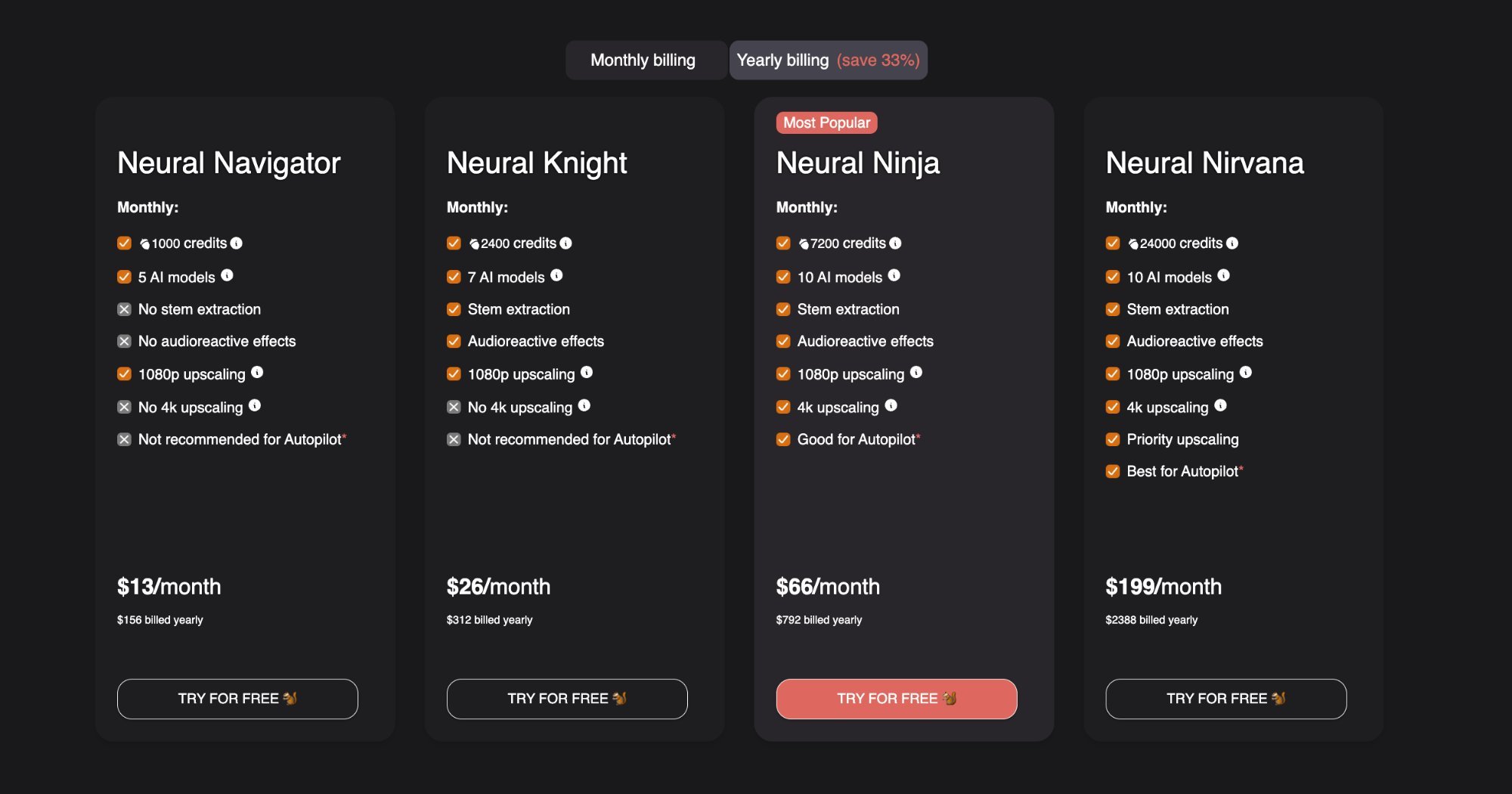 Neural Frames yearly billing pricing with 33% savings across all plans.